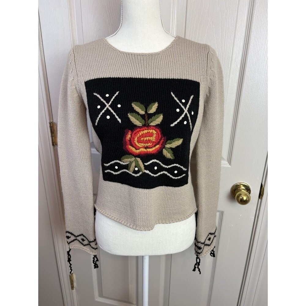 Kris Embroidered Rose Sweater Womens S Beige Wool Blend Floral Tassel Italy